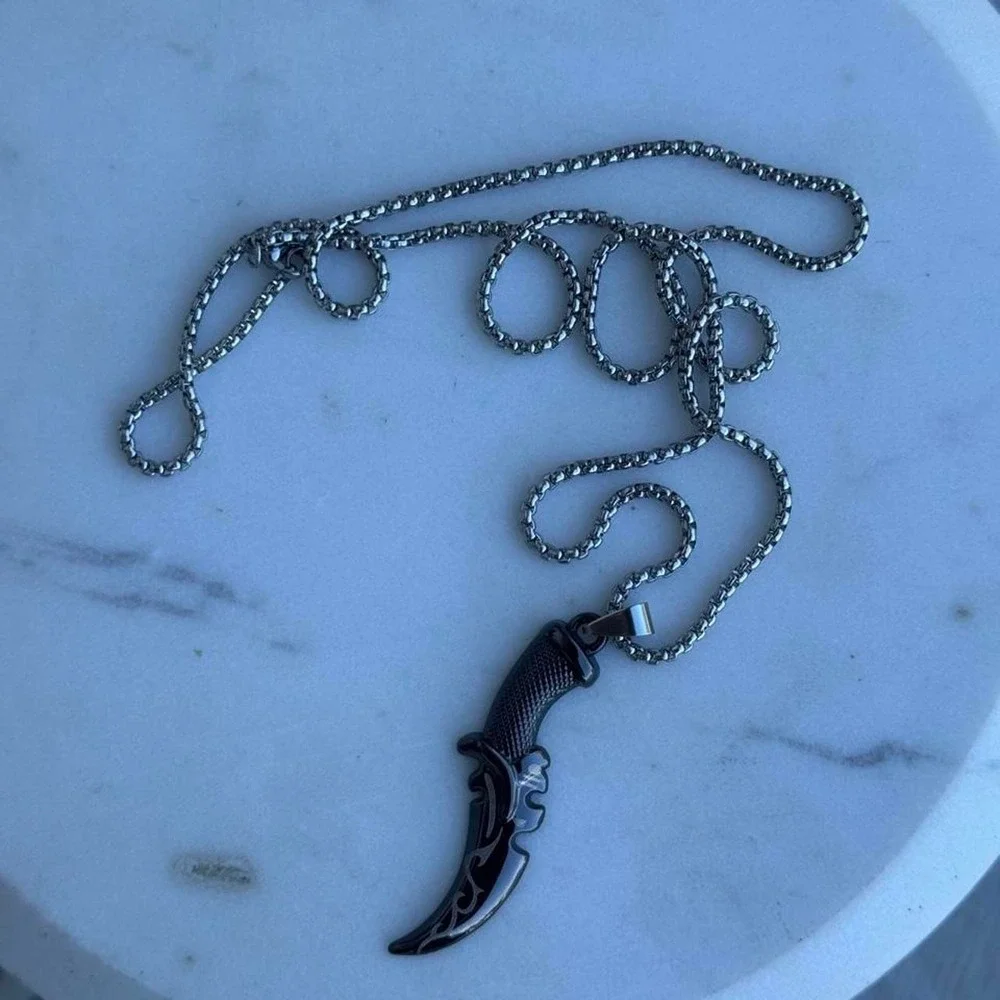 Dark Silver Sword Pendant Necklace Mens Curved Dagger Tribal Gothic 24in Chain